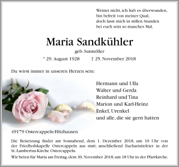 Traueranzeige von Maria Sandkühler von Neue Osnabrücker Zeitung GmbH & Co. KG