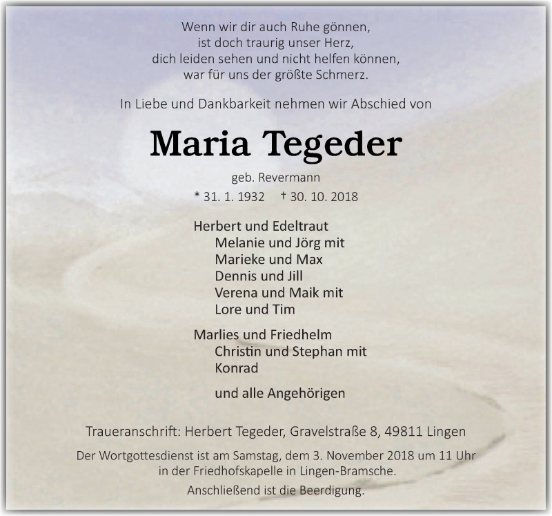  Traueranzeige für Maria Tegeder vom 01.11.2018 aus Neue Osnabrücker Zeitung GmbH & Co. KG