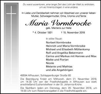 Traueranzeige von Maria Vormbrocke von Neue Osnabrücker Zeitung GmbH & Co. KG