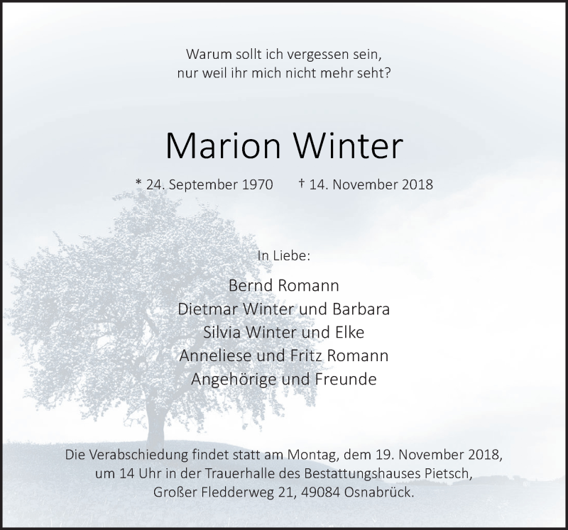  Traueranzeige für Marion Winter vom 17.11.2018 aus Neue Osnabrücker Zeitung GmbH & Co. KG
