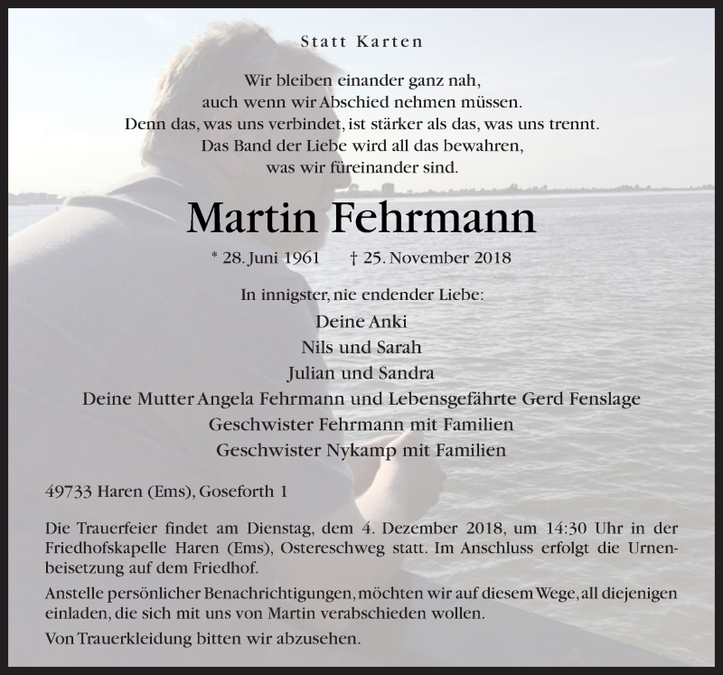  Traueranzeige für Martin Fehrmann vom 30.11.2018 aus Neue Osnabrücker Zeitung GmbH & Co. KG