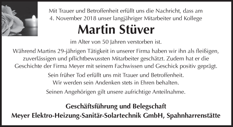  Traueranzeige für Martin Stüver vom 07.11.2018 aus Neue Osnabrücker Zeitung GmbH & Co. KG