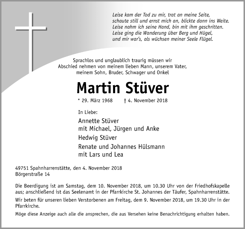  Traueranzeige für Martin Stüver vom 07.11.2018 aus Neue Osnabrücker Zeitung GmbH & Co. KG