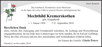 Traueranzeige von Mechthild Kremerskothen von Neue Osnabrücker Zeitung GmbH & Co. KG