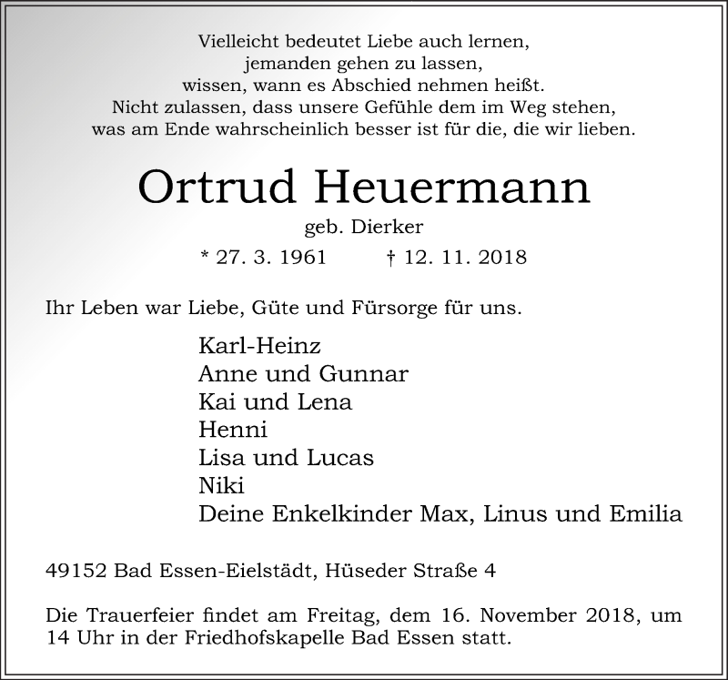  Traueranzeige für Ortrud Heuermann vom 14.11.2018 aus Neue Osnabrücker Zeitung GmbH & Co. KG