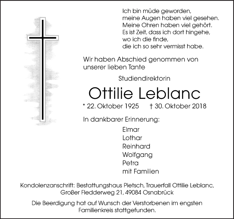  Traueranzeige für Ottilie Leblanc vom 10.11.2018 aus Neue Osnabrücker Zeitung GmbH & Co. KG