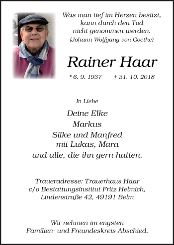 Traueranzeige von Rainer Haar von Neue Osnabrücker Zeitung GmbH & Co. KG