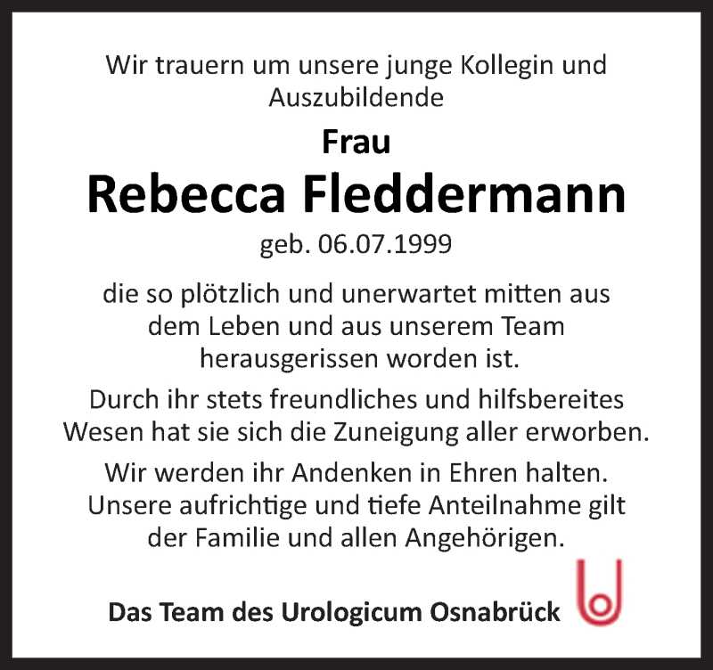  Traueranzeige für Rebecca Fleddermann vom 17.11.2018 aus Neue Osnabrücker Zeitung GmbH & Co. KG