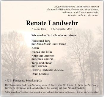 Traueranzeige von Renate Landwehr von Neue Osnabrücker Zeitung GmbH & Co. KG