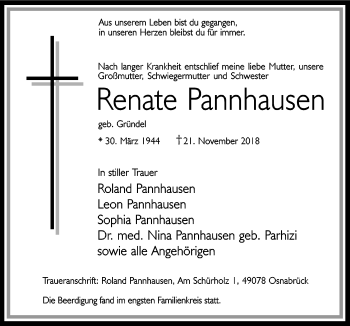 Traueranzeige von Renate Pannhausen von Neue Osnabrücker Zeitung GmbH & Co. KG