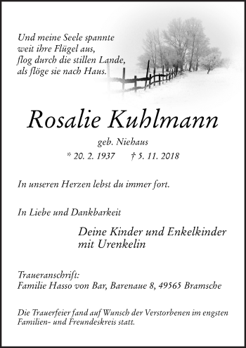 Traueranzeige von Rosalie Kuhlmann von Neue Osnabrücker Zeitung GmbH & Co. KG