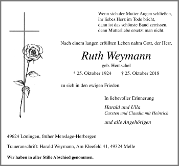 Traueranzeige von Ruth Weymann von Neue Osnabrücker Zeitung GmbH & Co. KG