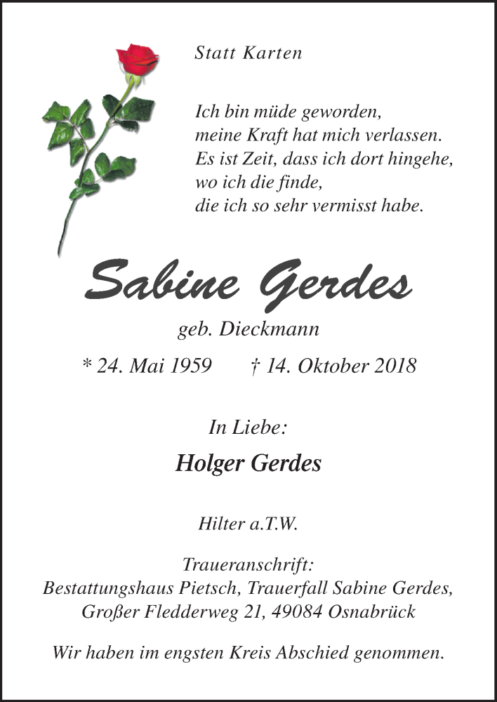  Traueranzeige für Sabine Gerdes vom 03.11.2018 aus Neue Osnabrücker Zeitung GmbH & Co. KG