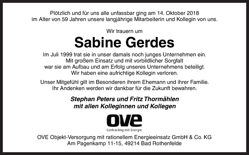  Traueranzeige für Sabine Gerdes vom 03.11.2018 aus Neue Osnabrücker Zeitung GmbH & Co. KG