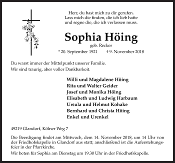 Traueranzeige von Sophia Höing von Neue Osnabrücker Zeitung GmbH & Co. KG