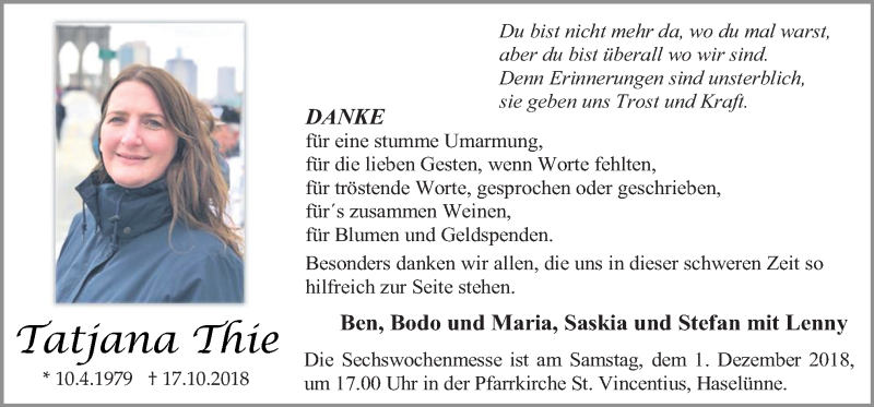 Traueranzeige für Tatjana Thie vom 28.11.2018 aus Neue Osnabrücker Zeitung GmbH & Co. KG