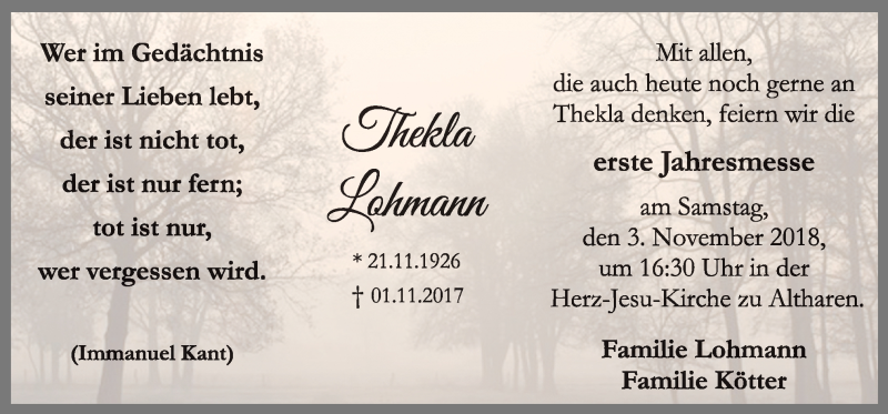  Traueranzeige für Thekla Lohmann vom 01.11.2018 aus Neue Osnabrücker Zeitung GmbH & Co. KG