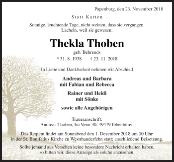 Traueranzeige von Thekla Thoben von Neue Osnabrücker Zeitung GmbH & Co. KG
