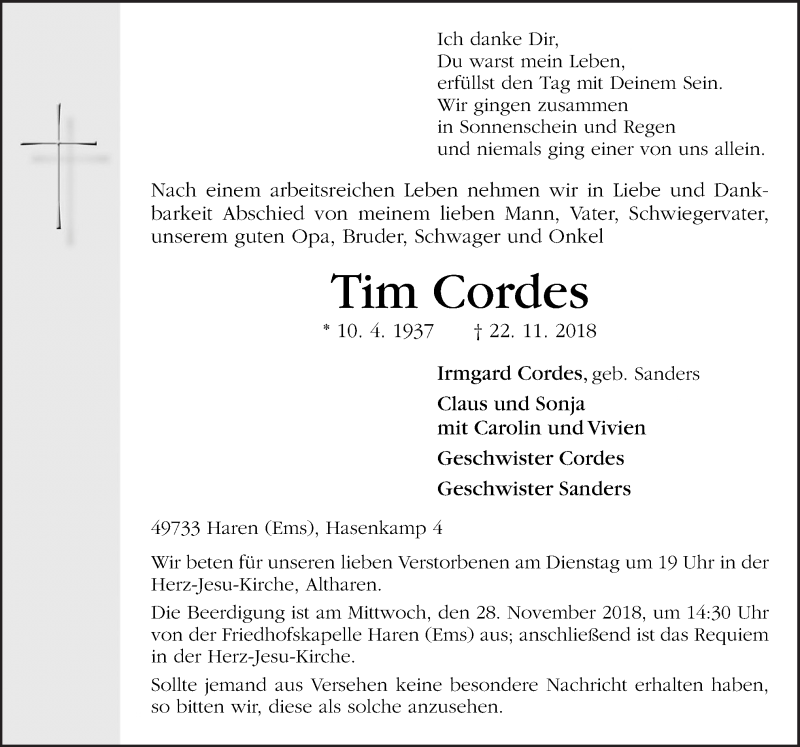  Traueranzeige für Tim Cordes vom 26.11.2018 aus Neue Osnabrücker Zeitung GmbH & Co. KG