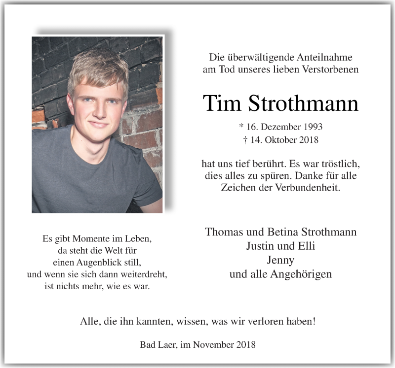  Traueranzeige für Tim Strothmann vom 03.11.2018 aus Neue Osnabrücker Zeitung GmbH & Co. KG