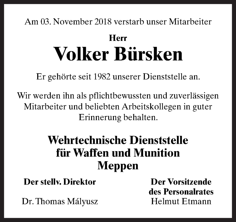  Traueranzeige für Volker Bürsken vom 09.11.2018 aus Neue Osnabrücker Zeitung GmbH & Co. KG