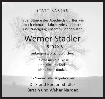Traueranzeige von Werner Stadler von Neue Osnabrücker Zeitung GmbH & Co. KG