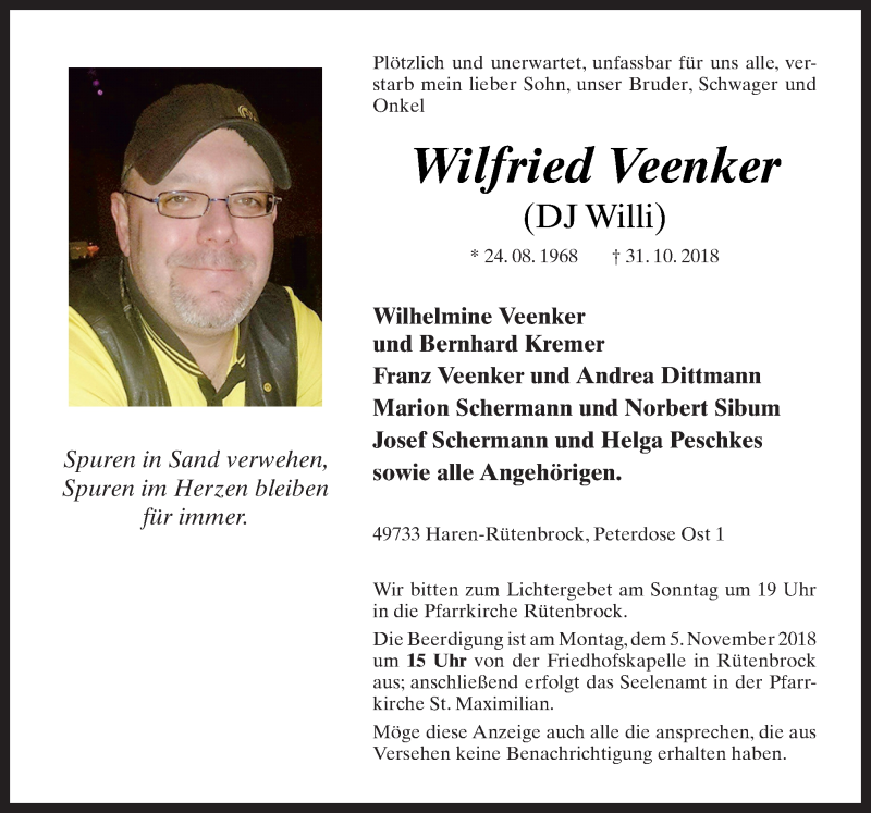  Traueranzeige für Wilfried Veenker vom 02.11.2018 aus Neue Osnabrücker Zeitung GmbH & Co. KG