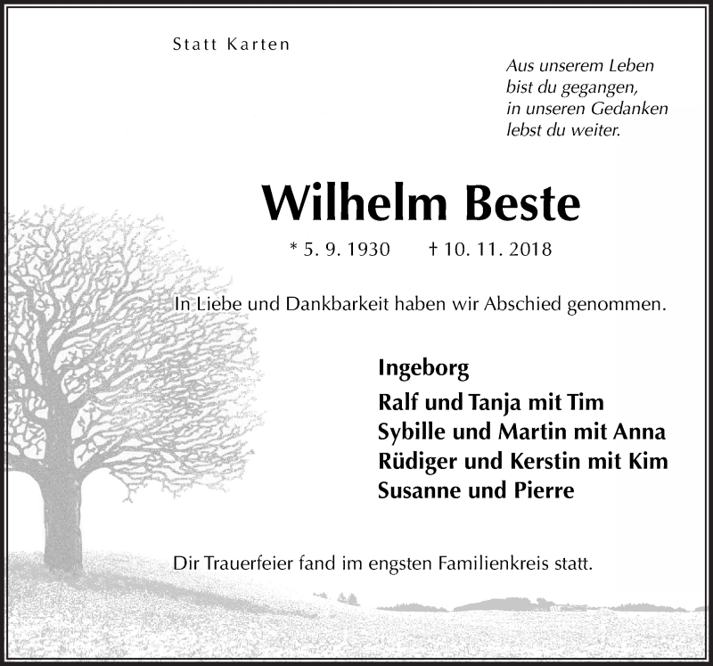 Traueranzeige für Wilhelm Beste vom 21.11.2018 aus Neue Osnabrücker Zeitung GmbH & Co. KG