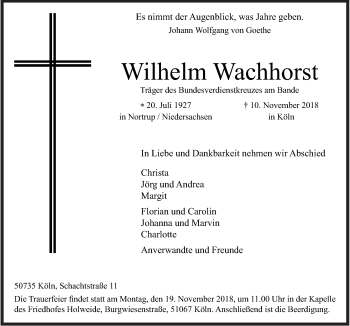 Traueranzeige von Wilhelm Wachhorst von Neue Osnabrücker Zeitung GmbH & Co. KG