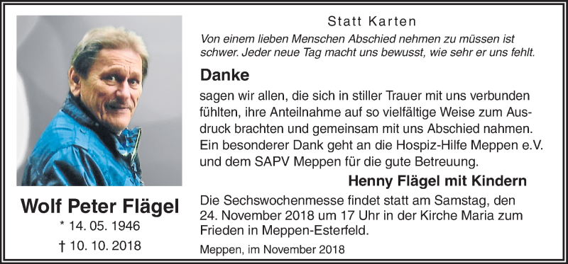 Traueranzeige für Wolf Peter Flägel vom 21.11.2018 aus Neue Osnabrücker Zeitung GmbH & Co. KG