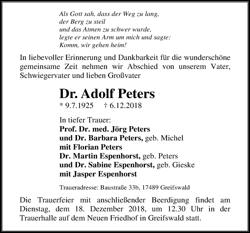  Traueranzeige für Adolf Peters vom 11.12.2018 aus Neue Osnabrücker Zeitung GmbH & Co. KG