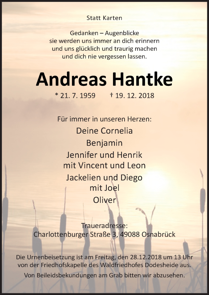  Traueranzeige für Andreas Hantke vom 22.12.2018 aus Neue Osnabrücker Zeitung GmbH & Co. KG