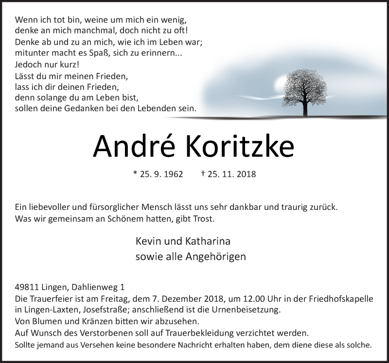  Traueranzeige für André Koritzke vom 01.12.2018 aus Neue Osnabrücker Zeitung GmbH & Co. KG