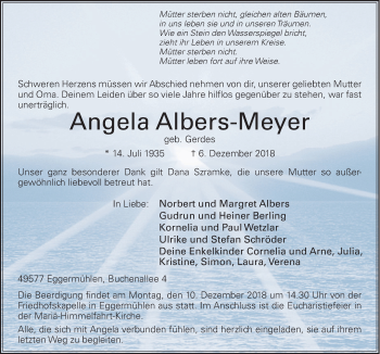 Traueranzeige von Angela Albers-Meyer von Neue Osnabrücker Zeitung GmbH & Co. KG