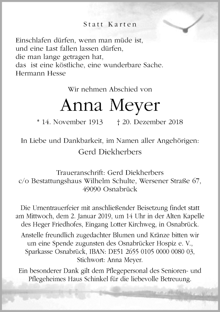  Traueranzeige für Anna Meyer vom 22.12.2018 aus Neue Osnabrücker Zeitung GmbH & Co. KG