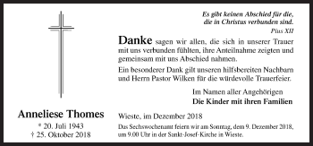 Traueranzeige von Anneliese Thomes von Neue Osnabrücker Zeitung GmbH & Co. KG