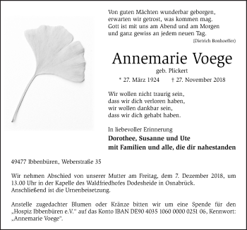 Traueranzeige von Annemarie Voege von Neue Osnabrücker Zeitung GmbH & Co. KG