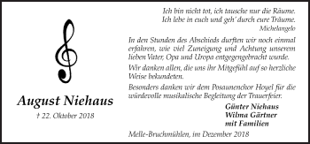 Traueranzeige von August Niehaus von Neue Osnabrücker Zeitung GmbH & Co. KG