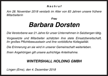 Traueranzeige von Barbara Dorsten von Neue Osnabrücker Zeitung GmbH & Co. KG