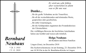 Traueranzeige von Bernhard Neuhaus von Neue Osnabrücker Zeitung GmbH & Co. KG