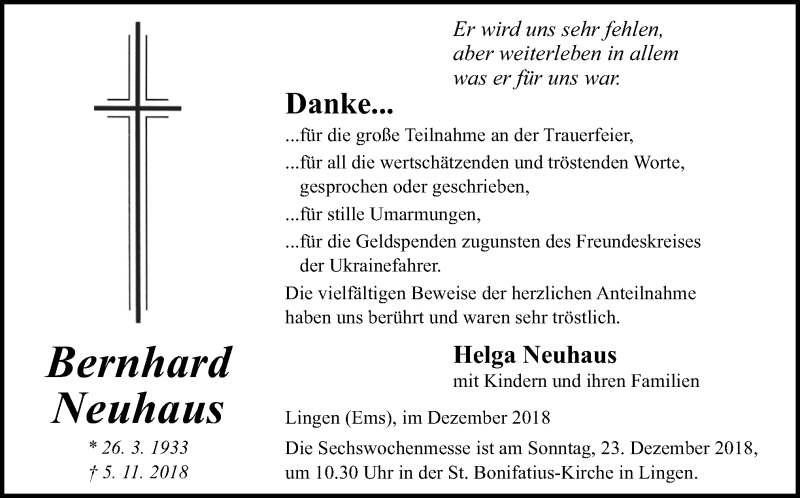  Traueranzeige für Bernhard Neuhaus vom 19.12.2018 aus Neue Osnabrücker Zeitung GmbH & Co. KG