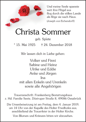 Traueranzeige von Christa Sommer von Neue Osnabrücker Zeitung GmbH & Co. KG