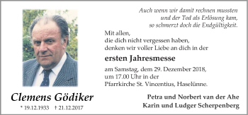 Traueranzeige von Clemens Gödiker von Neue Osnabrücker Zeitung GmbH & Co. KG