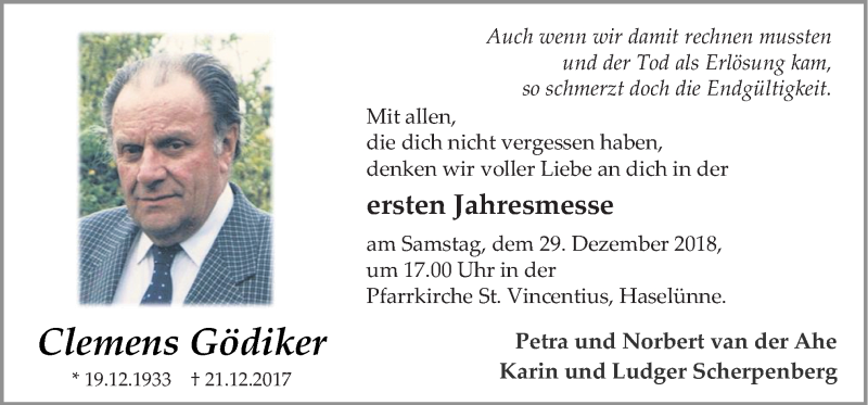  Traueranzeige für Clemens Gödiker vom 24.12.2018 aus Neue Osnabrücker Zeitung GmbH & Co. KG