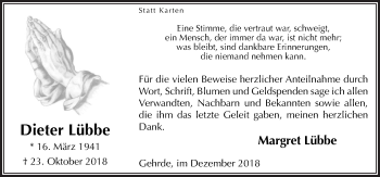 Traueranzeige von Dieter Lübbe von Neue Osnabrücker Zeitung GmbH & Co. KG