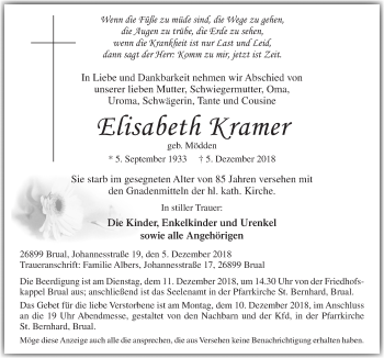 Traueranzeige von Elisabeth Kramer von Neue Osnabrücker Zeitung GmbH & Co. KG