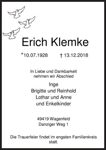 Traueranzeige von Erich Klemke von Neue Osnabrücker Zeitung GmbH & Co. KG
