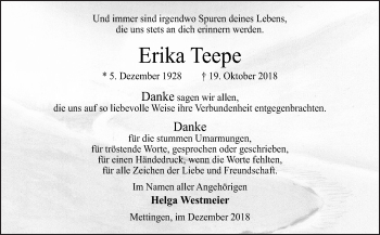 Traueranzeige von Erika Teepe von Neue Osnabrücker Zeitung GmbH & Co. KG