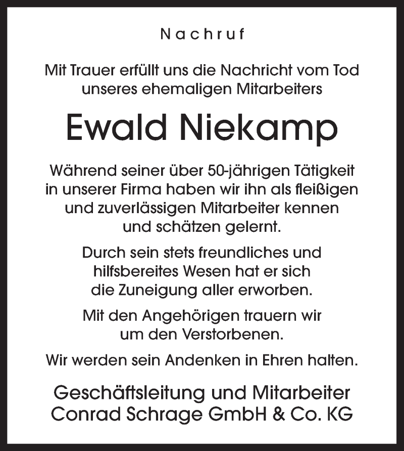  Traueranzeige für Ewald Niekamp vom 01.12.2018 aus Neue Osnabrücker Zeitung GmbH & Co. KG