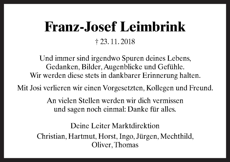  Traueranzeige für Franz-Josef Leimbrink vom 01.12.2018 aus Neue Osnabrücker Zeitung GmbH & Co. KG